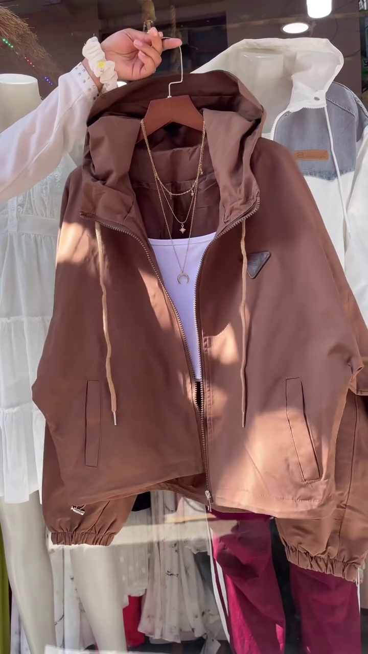 Beige Hooded Jacket with White Tank Top – Layered Casualwear for Women - Image 3