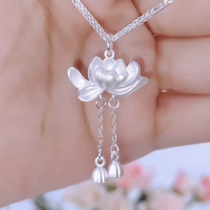 Silver Lotus Pendant Necklace with Tassel Details