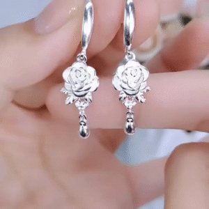 Elegant Sterling Silver Rose Drop Earrings with Delicate Teardrop Accents