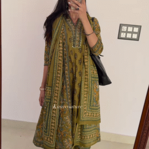 Elegant Women's Olive Green Printed Kurta Palazzo Set with Embellished Neckline and Dupatta