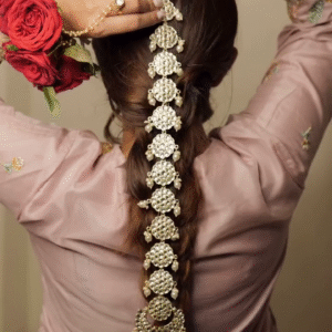 Elegant Bridal Hair Accessory (Matha Patti/Jhoomar) with Intricate Gold-Toned and Pearl Detailing