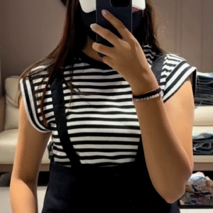 Casual Women's Olive Green Overall Shorts with Striped Tee