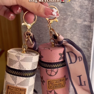 Compact Cylinder Keychain Bag with Zipper and Decorative Scarf