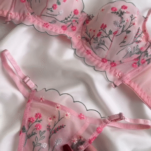 Delicate Pink Floral Embroidered Lingerie Set with Sheer Details