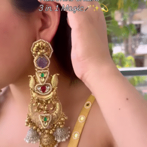 Elaborate Gold-Toned Chandbali Jhumka Earrings with Gemstones and Kashmiri Chains
