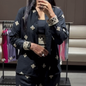 Elegant Black Embroidered Three-Piece Kurta Set with Long Jacket