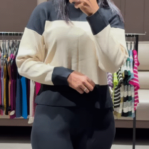 Color Block Knit Sweater and Comfortable Black Pants Lounge Set