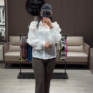 Elegant Sheer White Blouse with Ruffled Sleeves and Button-Down Front