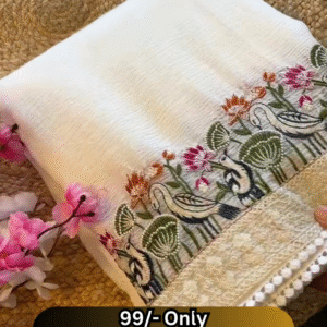 Elegant Off-White Saree with Floral and Bird Embroidered Border