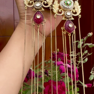 Elaborate Gold-Toned Kashmiri Jhumka Earrings with Gemstones and Chain Dangles