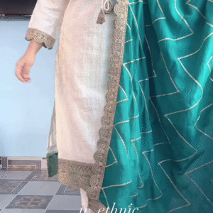 Elegant Cream Kurta Set with Embroidered Green Dupatta – Classy Ethnic Outfit for Festive & Formal Wear