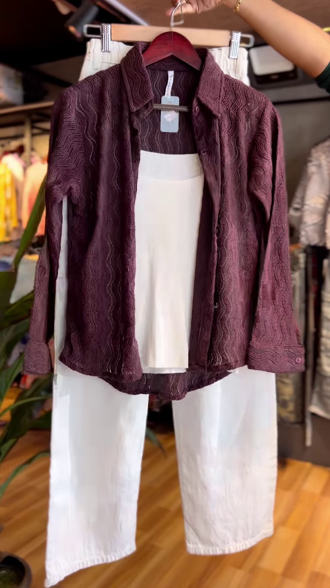 Wine Textured Shirt & White Wide-Leg Pants – Sophisticated Elegance with a Modern Twist