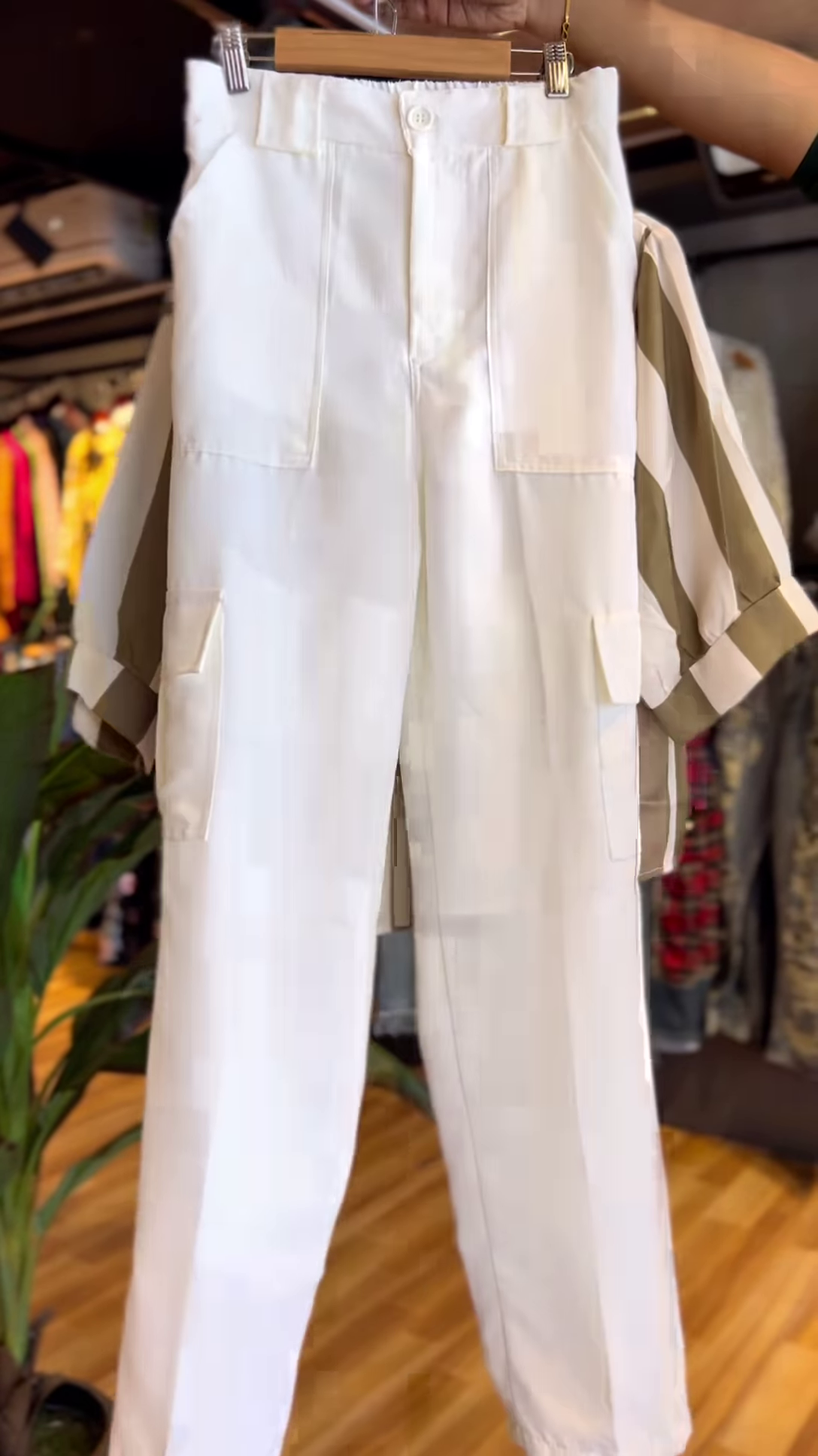 Olive & White Striped Shirt with Crochet Bralette & Wide-Leg Pants – Effortless Boho Chic - Image 2