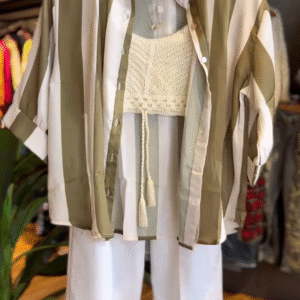 Olive & White Striped Shirt with Crochet Bralette & Wide-Leg Pants – Effortless Boho Chic