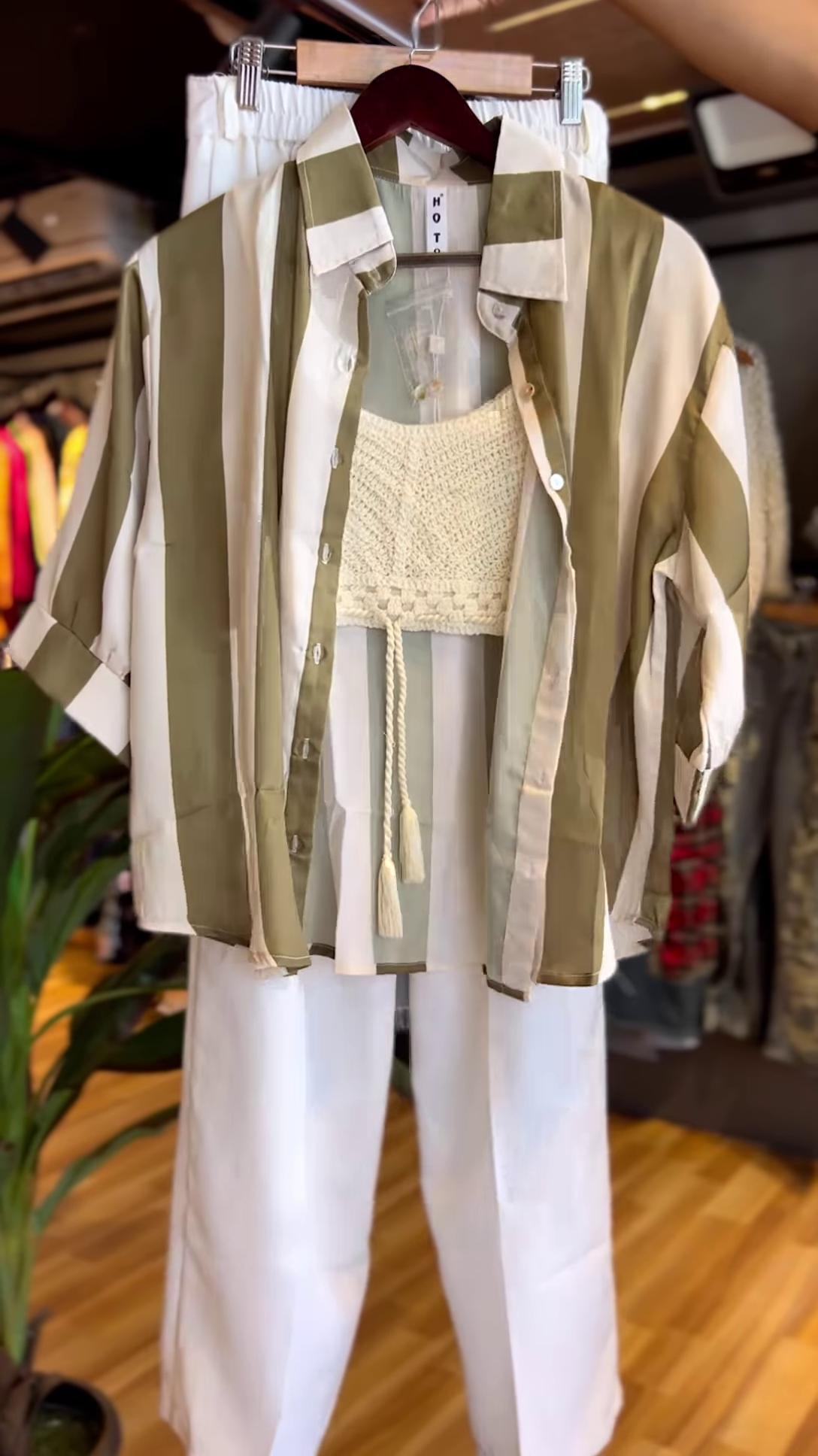 Olive & White Striped Shirt with Crochet Bralette & Wide-Leg Pants – Effortless Boho Chic