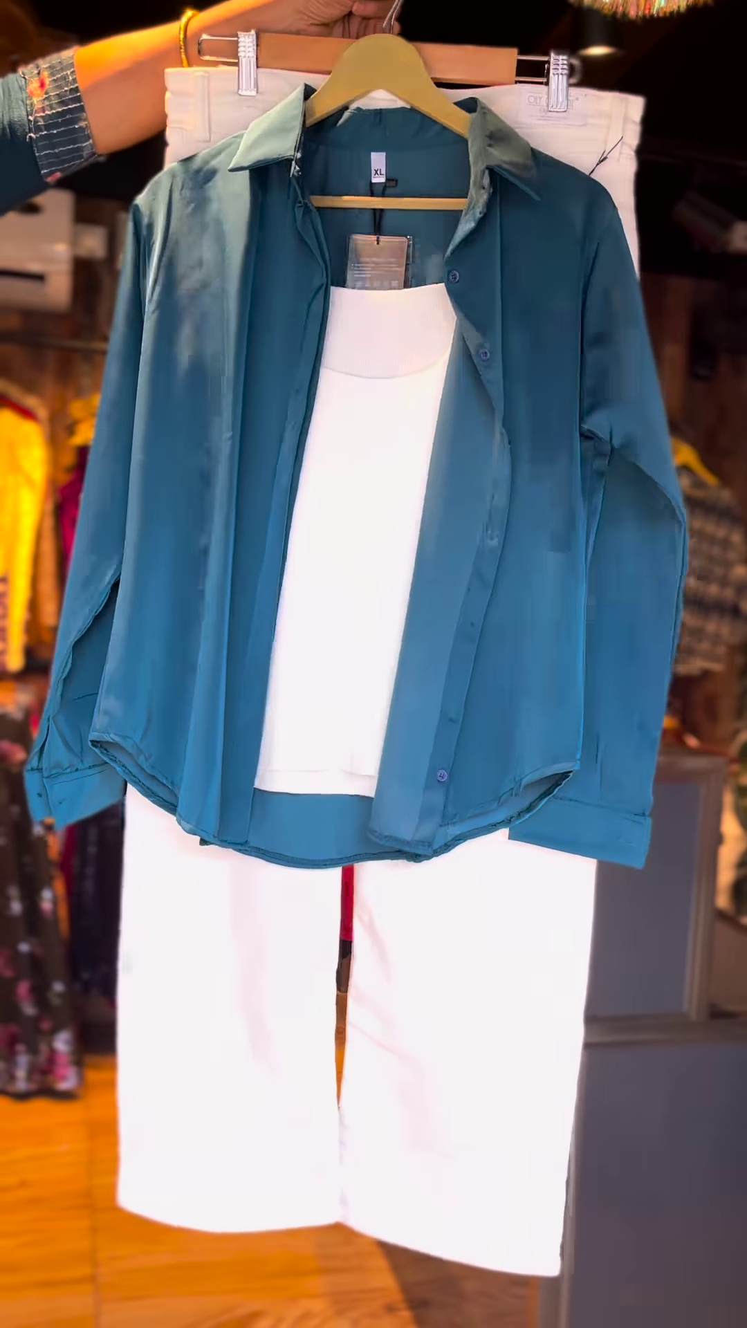 Teal Satin Shirt with White Tank Top & Wide-Leg Pants – Effortless Luxe