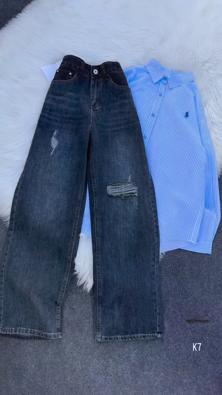 Classic Blue Striped Shirt & Distressed Black Denim – Chic Streetwear - Image 3