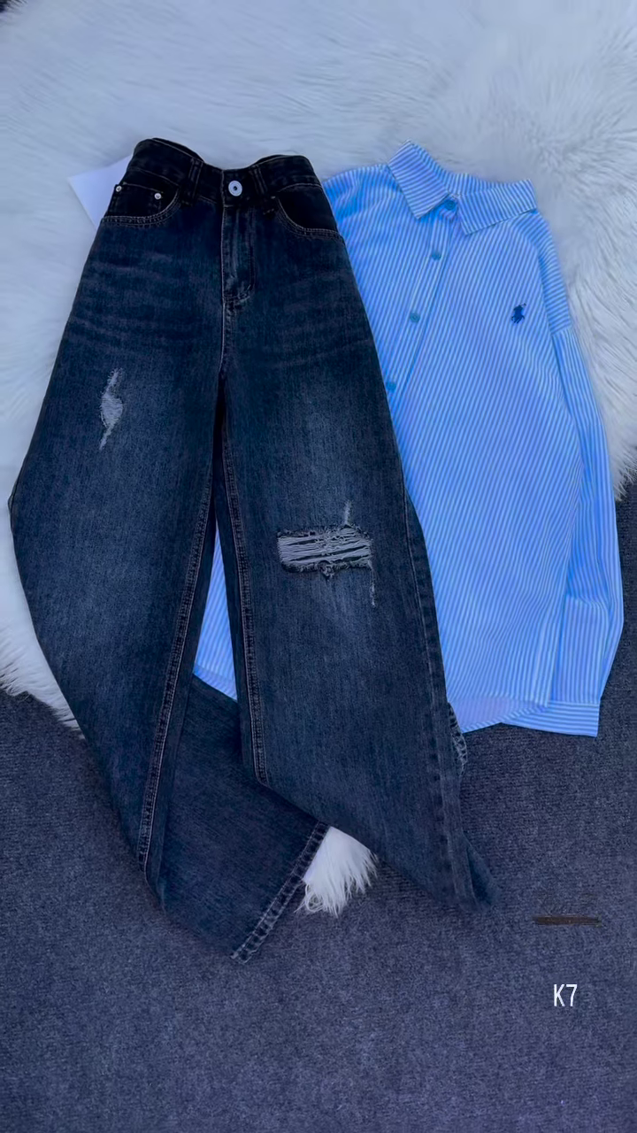 Classic Blue Striped Shirt & Distressed Black Denim – Chic Streetwear - Image 2