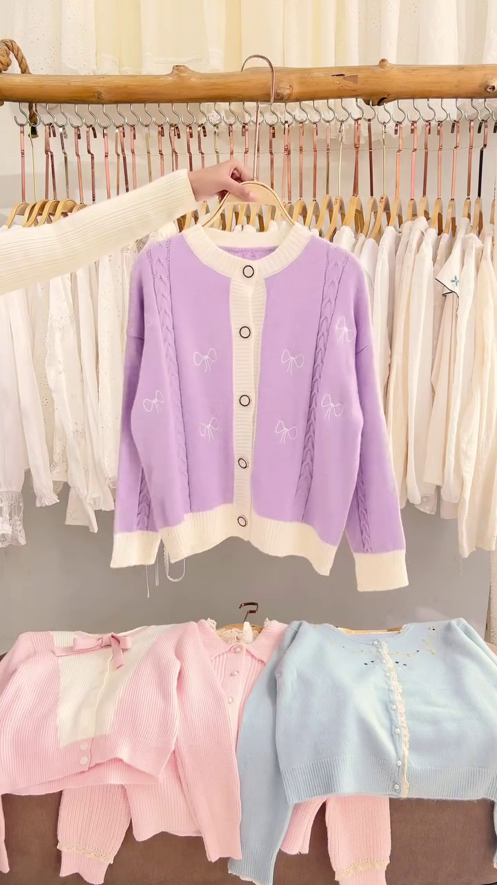 Lace-Trim Floral Embroidered Sweaters & Bow-Collar Buttoned Tops 🧥 Available in Blue & Pink - Image 8