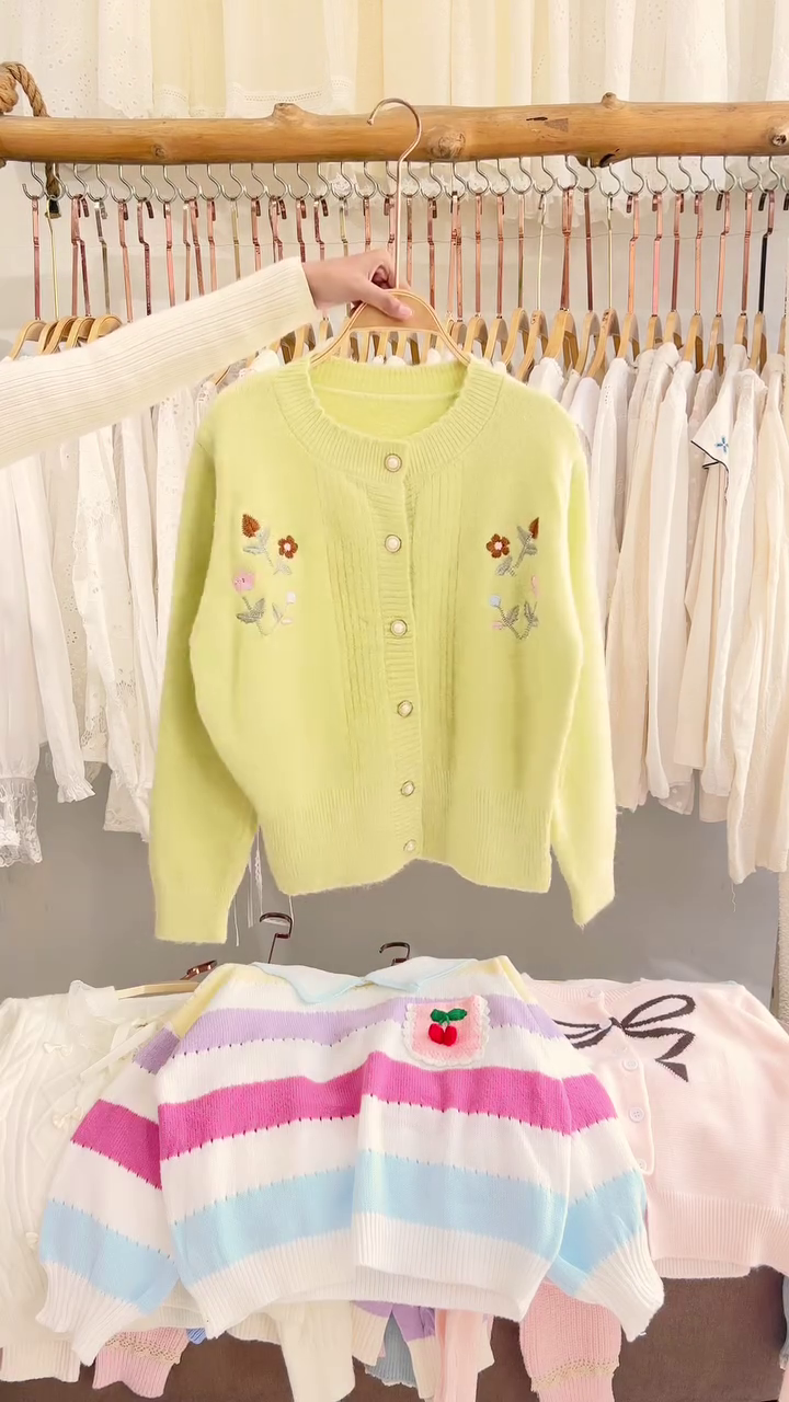 Lace-Trim Floral Embroidered Sweaters & Bow-Collar Buttoned Tops 🧥 Available in Blue & Pink - Image 3