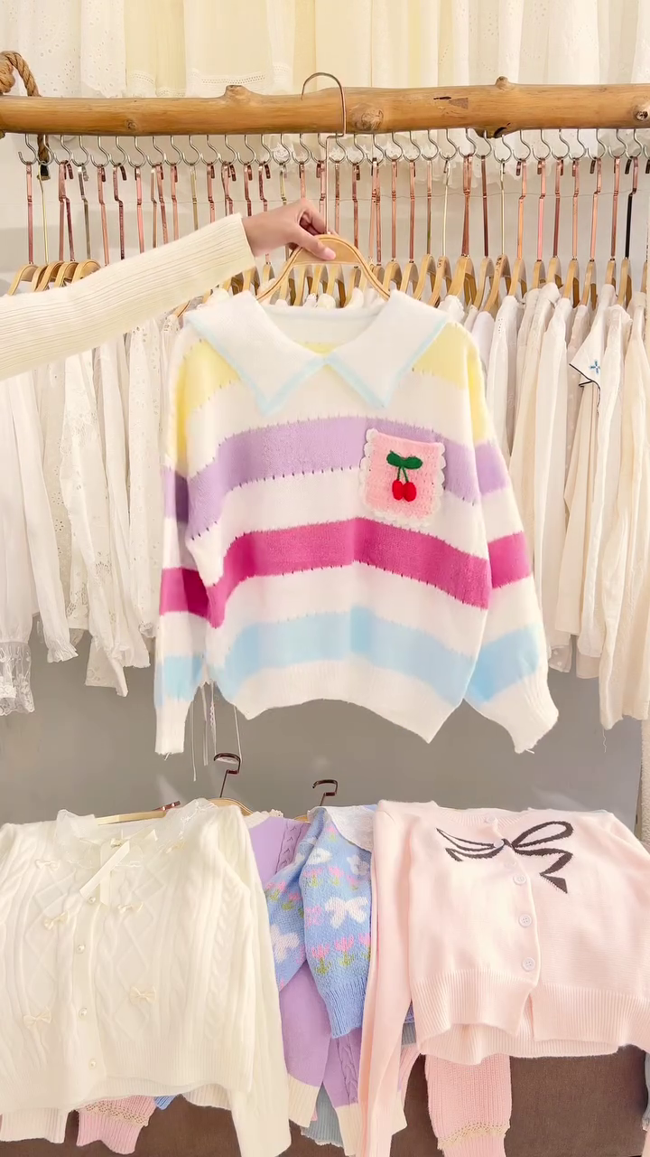 Lace-Trim Floral Embroidered Sweaters & Bow-Collar Buttoned Tops 🧥 Available in Blue & Pink - Image 4