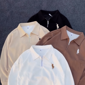 Half-Zip Polo Shirts 🧵🧼 With Embroidered Chest Detail – Black, Beige, Brown & White Variants