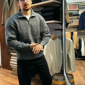 Zip-Up Knit Sweater 🧥🪞 – Soft Grey Layer with Black Pants Styling in Store Visual