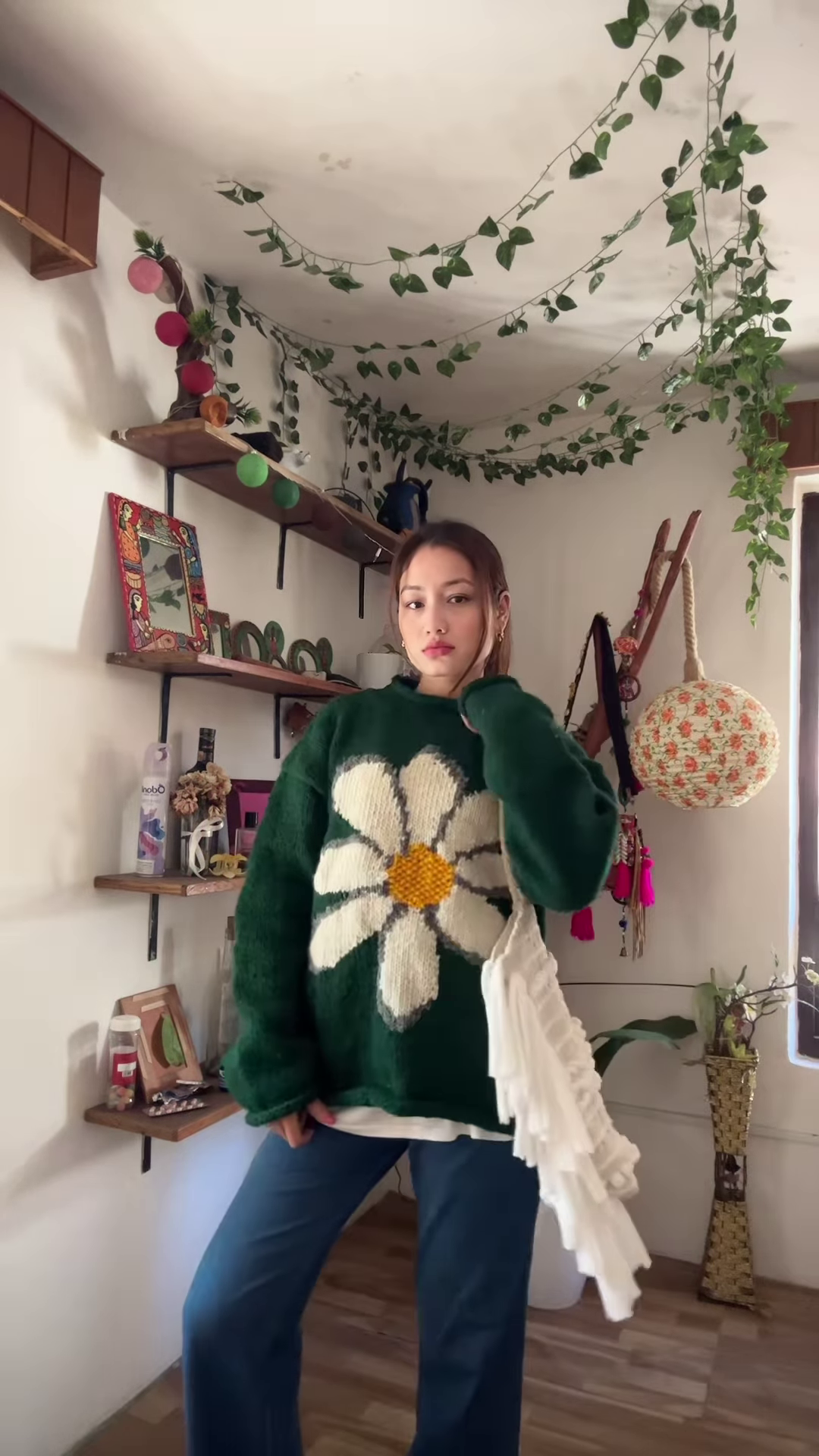 Green Floral Knit Sweater πΌπ§₯ β Oversized White Flower Design Styled with Blue Jeans - Image 3