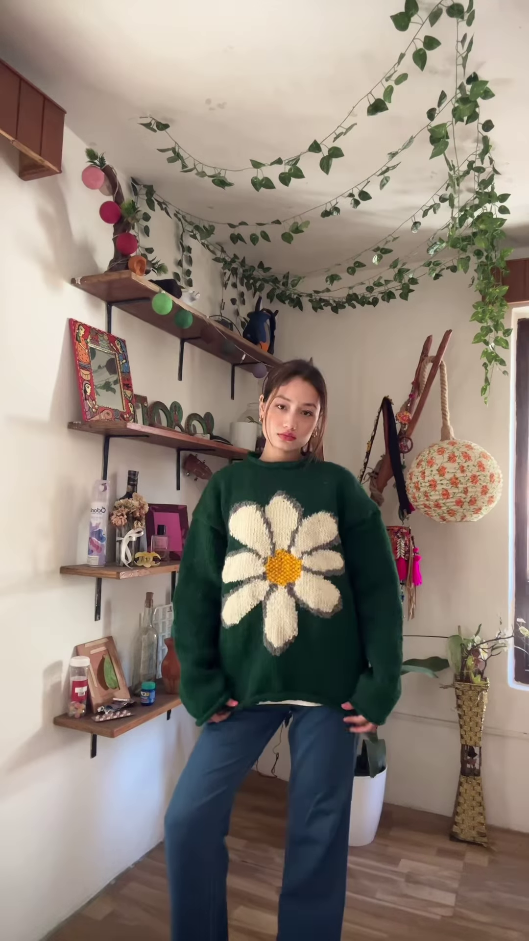 Green Floral Knit Sweater πΌπ§₯ β Oversized White Flower Design Styled with Blue Jeans