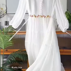 Ethereal White Ruffled Maxi Dress with Floral Embellishments