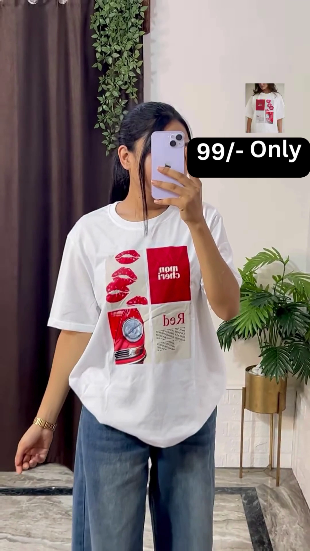 White Graphic T-Shirt with Bold Red and Car Print - Image 10