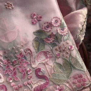 Exquisite Dusty Rose Sheer Fabric with Flamingo Embroidery