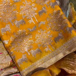 Golden Yellow Fabric with Woven Forest and Animal Motifs