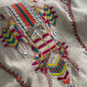 Kamdani Embellished Fabric with Multi-Colored Floral Border