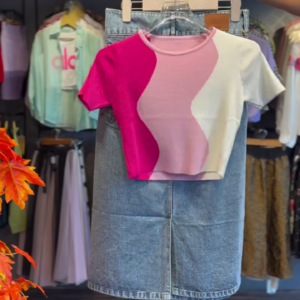 Waveline Colorblock Crop & Seamline Denim Skirt