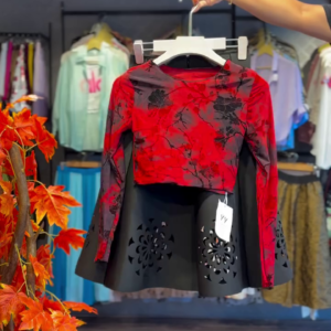 Crimson Bloom Crop & Noir Cutwork Skirt