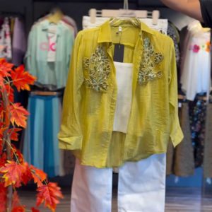 Sunlit Sheer Shirt with Embroidered Blooms & White Wide-Leg Pants