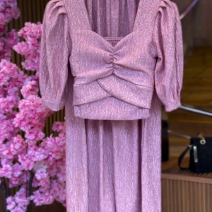 Ruched Petal Top & Shimmer Skirt in Blush Pink