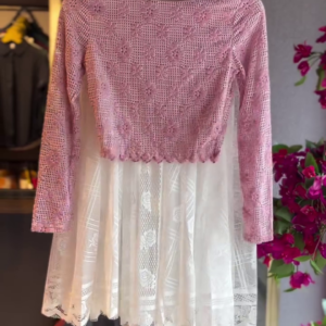 Crochet Lace Top in Rose & Embroidered Sheer Skirt in White