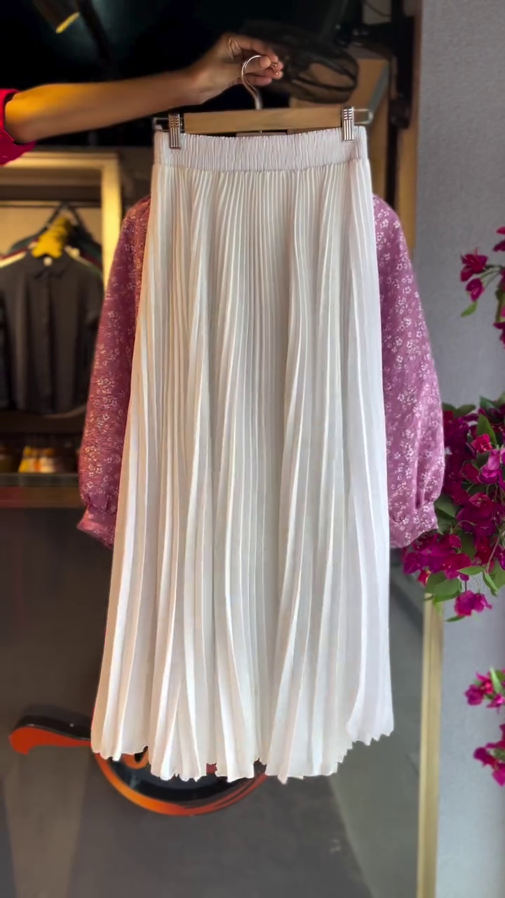 Pink Floral Crop Blouse with White Pleated Skirt – Elegant Indo-Western Co-Ord Set - Image 2