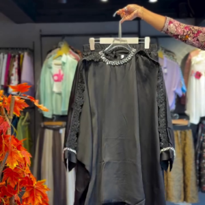 Embroidered Black Dress with Pearl Cuff Detail