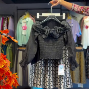 Ruched Floral Top in Noir & YC Geometric Skirt in Monochrome