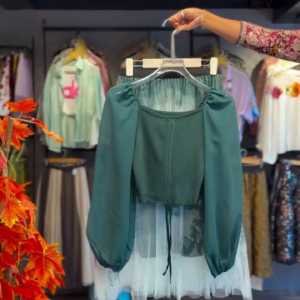 Pleated Bodice Blouse in Olive & Embroidered Tulle Hem