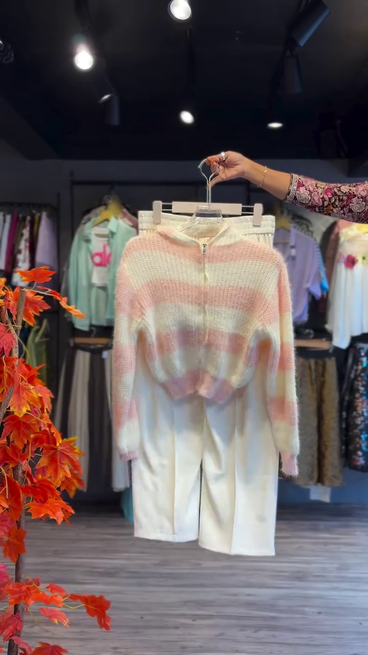 Pastel Pink & Cream Striped Winter Co-Ord Set (Hooded Sweater + Jogger Pants)