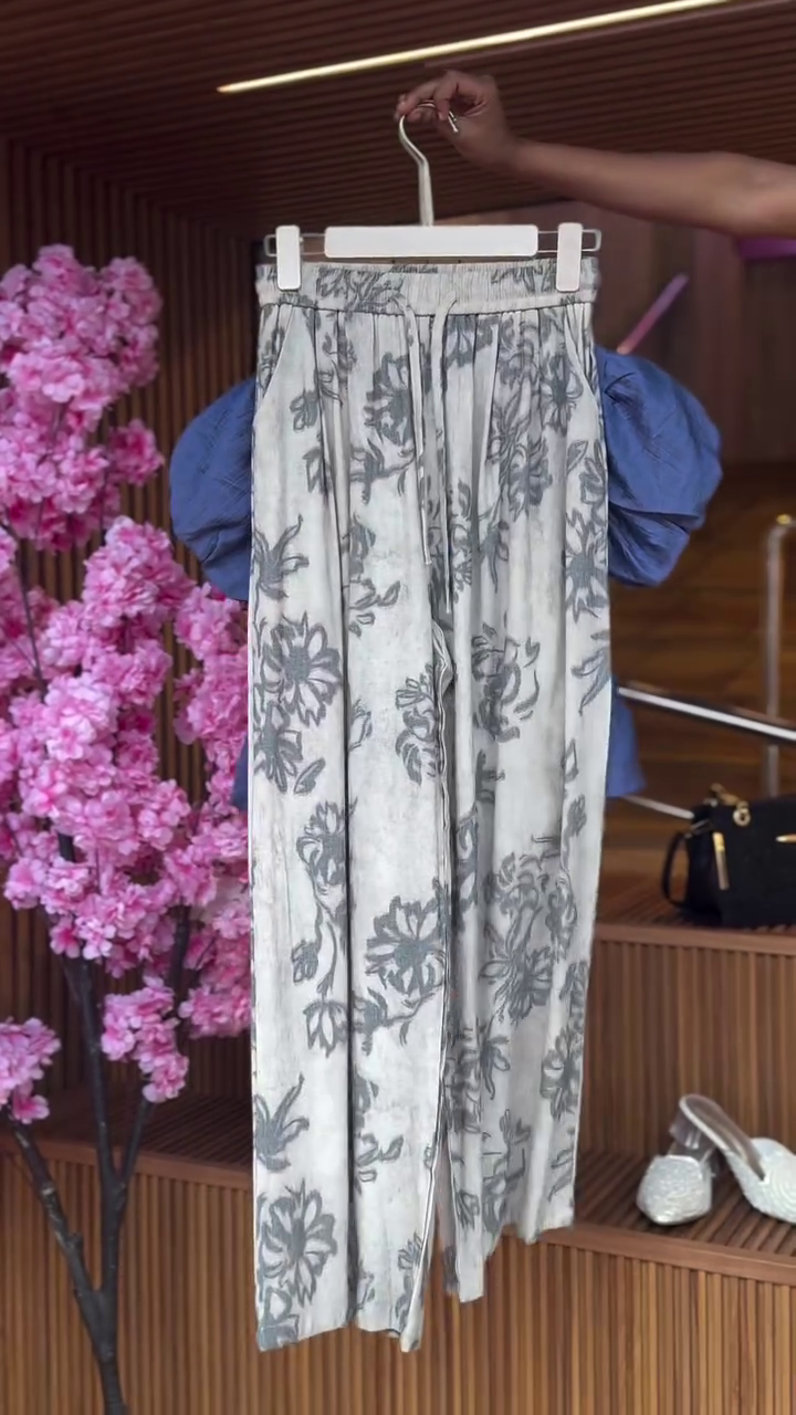 Gathered Button Blouse in Sky & Wide-Leg Floral Pants in Mist - Image 2