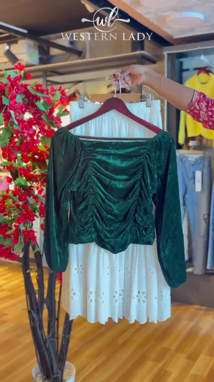 Ruched Velvet Top in Forest & Eyelet Skirt in White