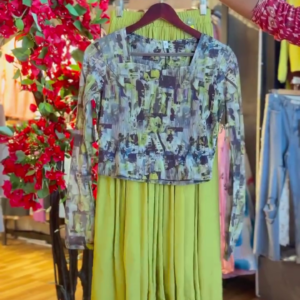 Abstract Print Top in Ochre & Pleated Skirt in Lime