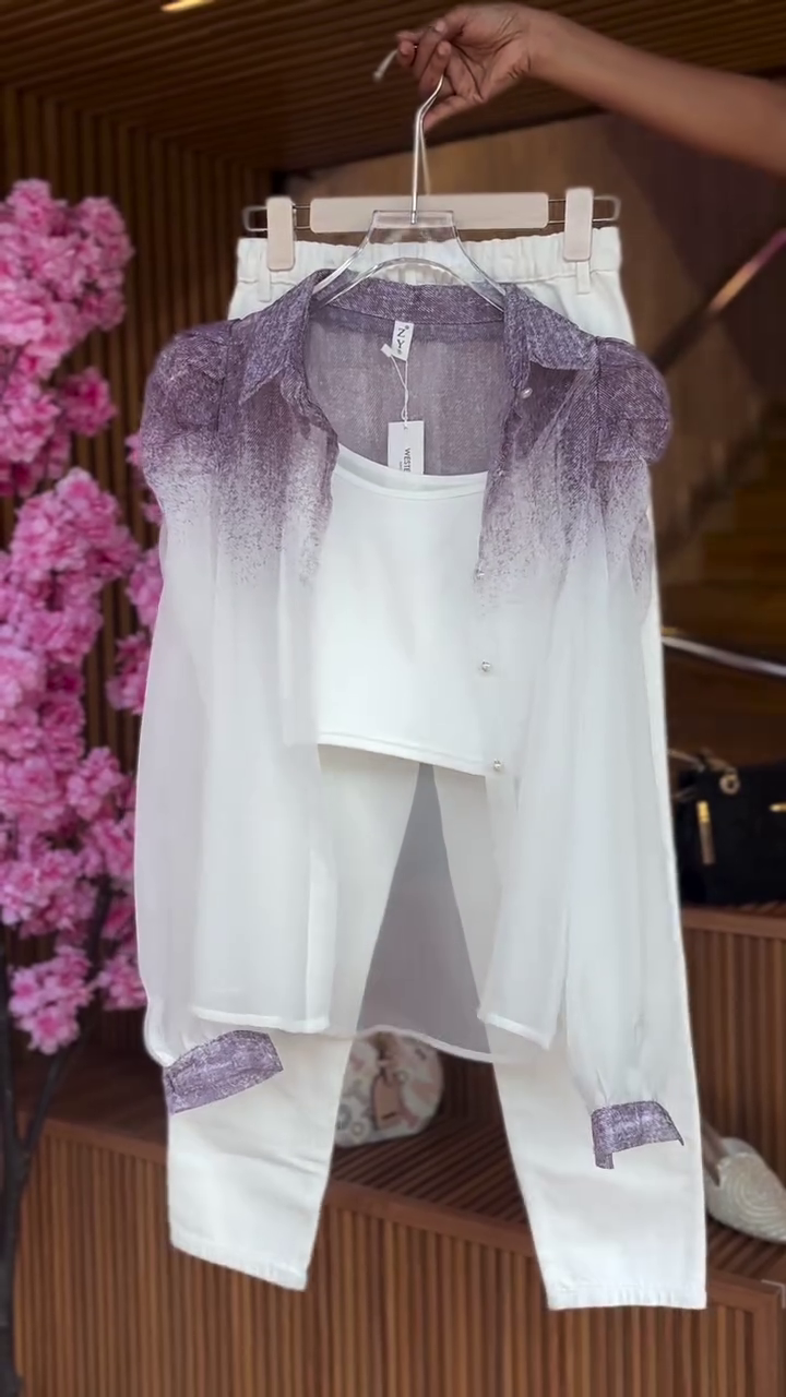 Gradient Sheer Shirt in Plum Mist & Cuffed Pants in White Lavender