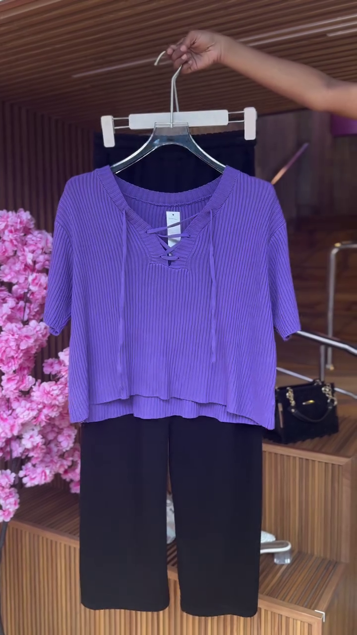 Lace-Up Ribbed Top in Violet & Black Pants