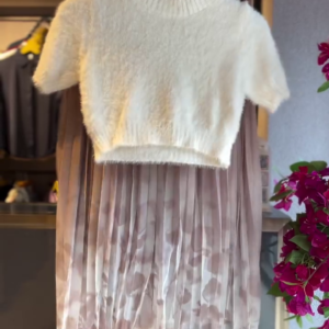 Fuzzy Cropped Sweater in Ivory & Pleated Skirt in Blush Beige
